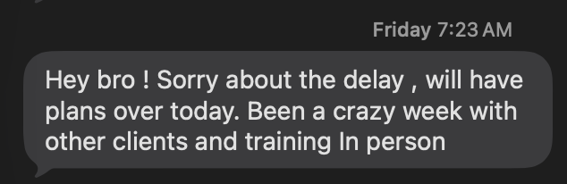 Text message: Hey bro, sorry about the delay, will have plans over today. Been a crazy week with other clients and training in person.